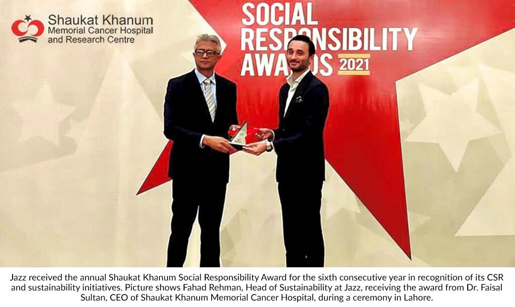 Jazz received the annual Shaukat Khanum Social Responsibility Award